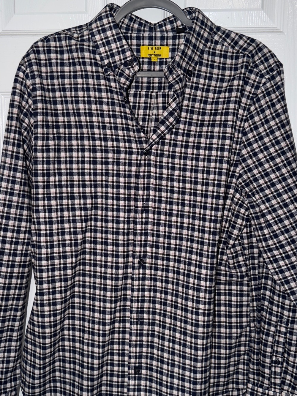 Five Four Navy and White Plaid Button-Down Shirt with Black Accent